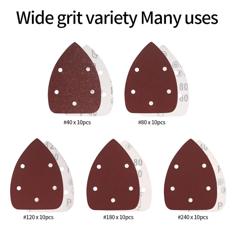 TOOINKCV 50 Pcs Mouse Detail Sander Sandpaper, 40/80/120/180/240 Grit Hook and Loop 140mm Mouse Sander Pads, Sander Replacement Pads, Assorted Triangle Sandpaper for Detail Mouse Sander - Image 3